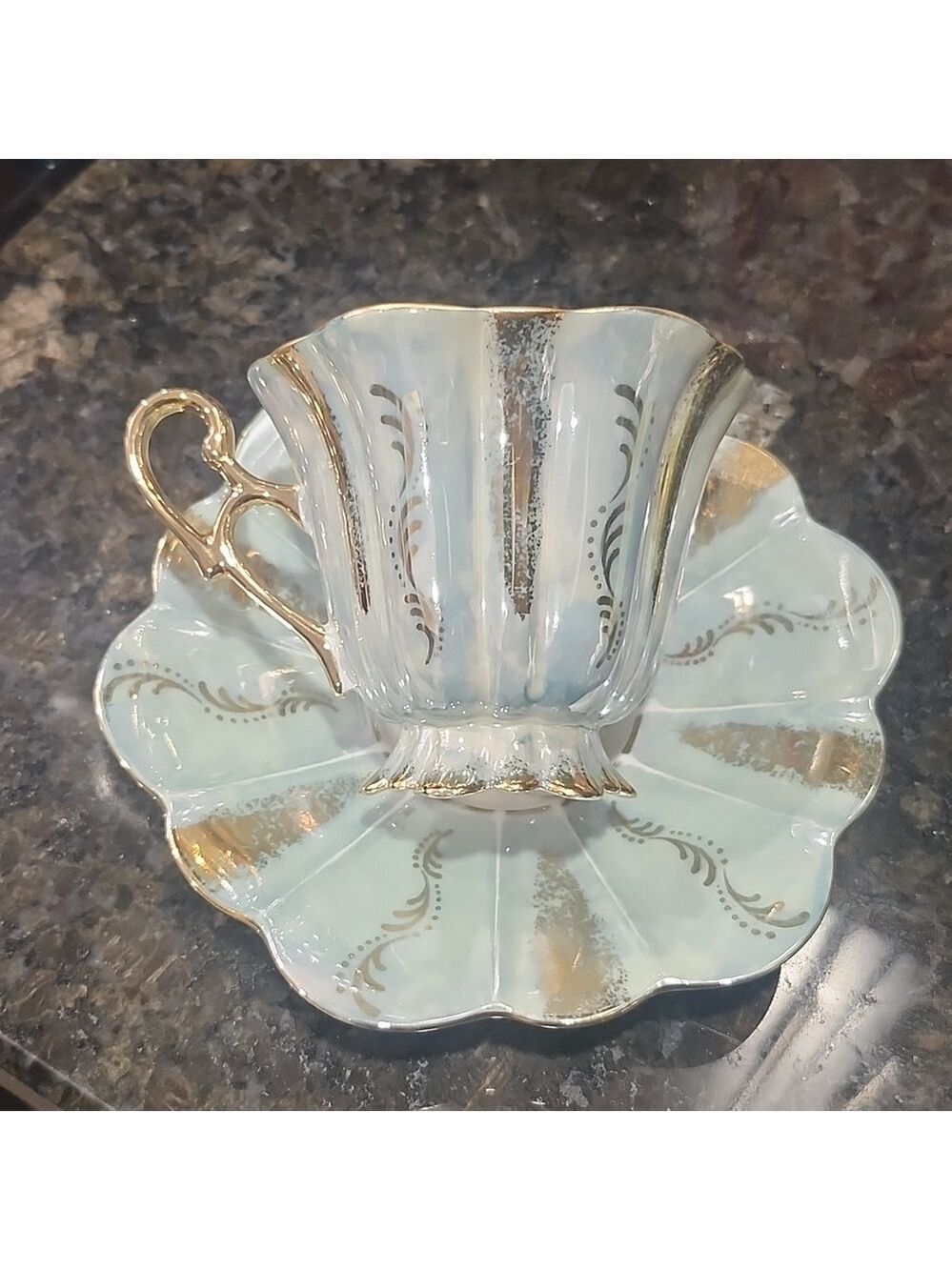 Vintage Iridescent Lustreware Blue Gold Cup & Saucer Hand Decorated Japan